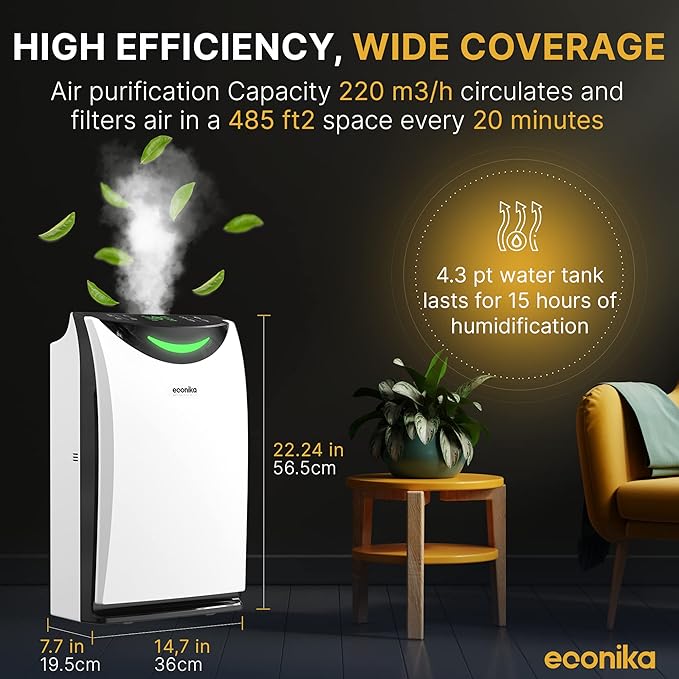 4 in 1 Humidifier and Air Purifier in One Large Room – HEPA Air Purifier and Humidifier Combo with UV Light, Quiet for Bedroom and Living Room – Whole House Large Room Cleaner