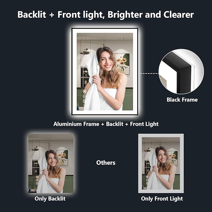 40x30 Inch LED Bathroom Mirror with Lights (Front Lit and Backlit) Black Framed Lighted Vanity Mirror for Bathroom Wall Dimmable Anti-Fog Memory Tempered Glass Horizontal/Vertical