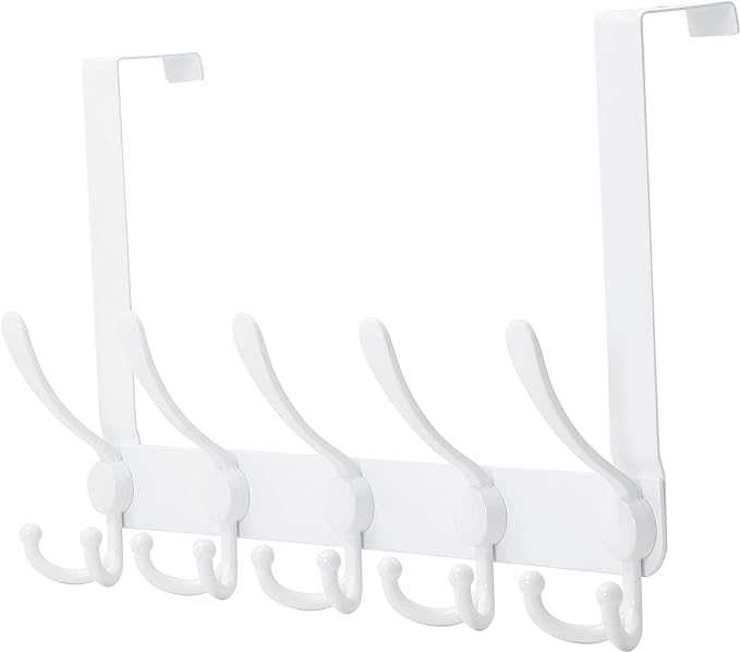 Dseap Over The Door Hook Hanger - Fits 1 3/8" to 1 3/4" Standard Doors | 5 Tri Hooks Heavy Duty Towel/Coat Rack | Door Organizer for Clothes, Jackets, Hats, Towels, White