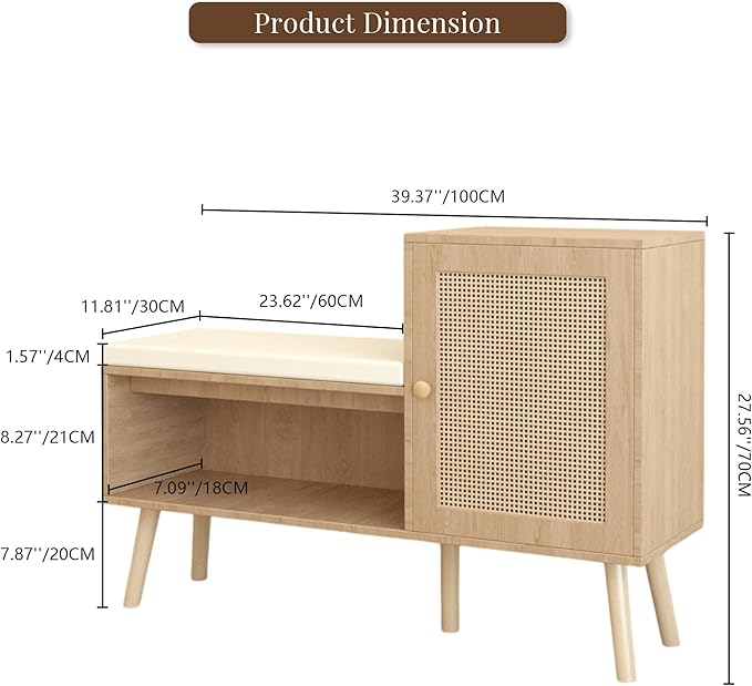 2-in-1 Shoe Storage Bench with Removable Seat Cushion, PP Rattan Shoe Cabinet with Rattan Doors, Modern Entryway Bench, Shoes Storage Organizer for Entryway Hallway Small Space, Natural