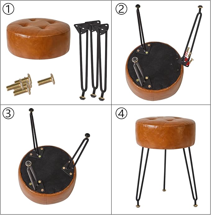 IBUYKE Faux Leather Round Footrest, Makeup Vanity Stool Side Table, PU Dressing Table Seat, Pouf Couch Stool, Golden Steel Legs, Light Brown LG-31J