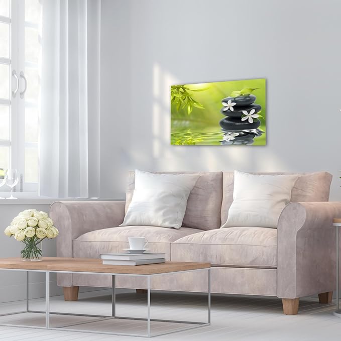 GUTTATY Zen Wall Art Decor, Modern Bathroom Zen Decor Wall Art, Canvas Wall Art for SPA Zen Room Decor, Green Bamboo Leaves and Pebble Relaxing Zen Art Prints for Office & SPA Wall Decor 12x18 Inches