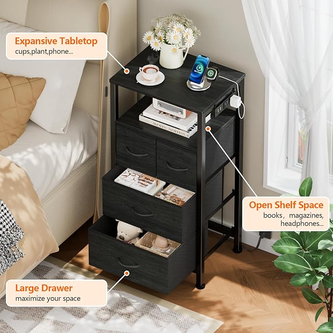 Furnulem Tall Night Stand with Charging Station and Led Light, Small Dresser with Open Shelf and 4 Storage Drawers, Black Side Table Fabric Nightstand for Bedroom, Entryway, Bedside Furniture