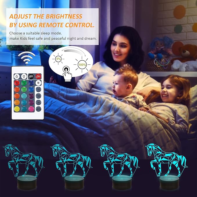 FULLOSUN Night Lights for Kids Horse Illusion 3D Night Light Bedside Lamp 16 Colors Changing with Remote Control Best Birthday Gifts for Child Baby Boy and Girl