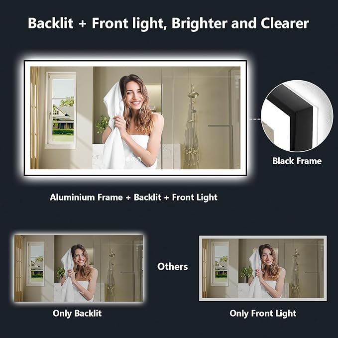 57x36 Inch LED Bathroom Mirror with Lights (Front Lit and Backlit) Black Framed Lighted Vanity Mirror for Bathroom Wall Dimmable Anti-Fog Memory Tempered Glass Horizontal/Vertical