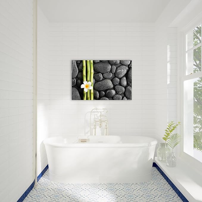 Zen Wall Art Decor, Modern Bathroom Zen Decor Wall Art, Canvas Wall Art for Spa Zen Room Decor, Green Bamboo Forest and Black Pebble Relaxing Art Prints for Office & Spa Wall Decor 12x18 Inches