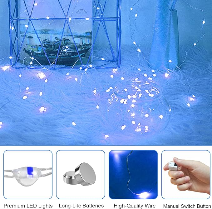 20 Pack Fairy Lights Battery Operated - 3 Speed Modes, 7Ft 20 LED String Twinkle Lights, Waterproof Copper Wire, Mini Firefly Light for Mason Jars Vases Christmas Decor,Blue