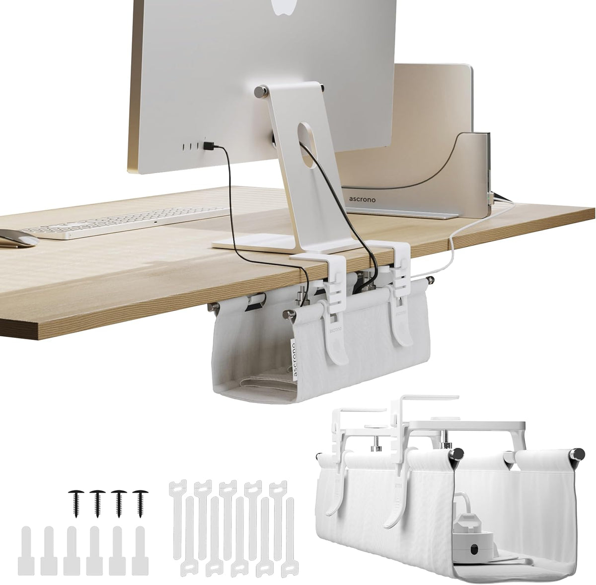 Original No Drill Under Desk Cable Management Tray 14.1" - Premium White Fabric Cable Management Under Desk - Clamp/Screw Mount Cord Organizer - Supports Upto 66lbs