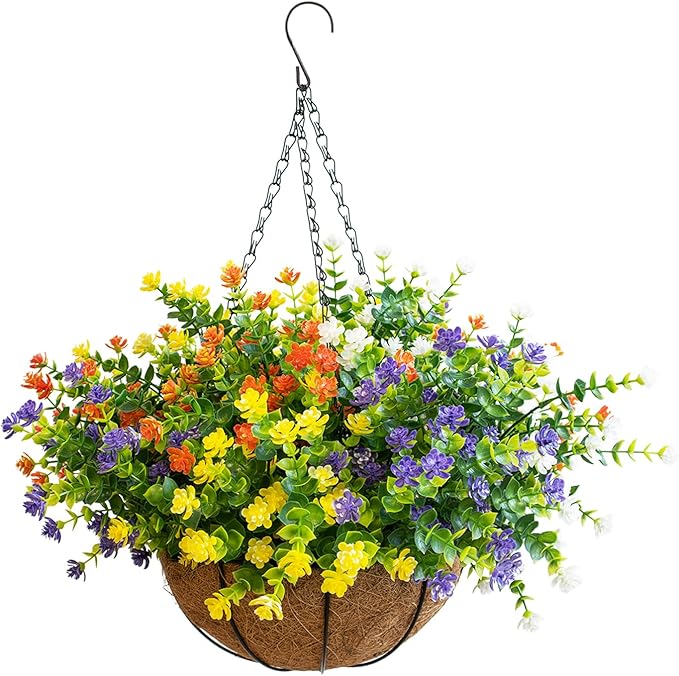 Artificial Hanging Plants Flowers with Basket for Spring Summer Outdoor Decoration, Yellow Purple White Orange