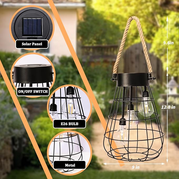 Solar Hanging Lantern with Rope, Vintage Industrial Pendant Light, 12.8" Solar Powered Outdoor Lantern, IP65 Waterproof Garden Light, Warm White Glow, Rechargeable for Patio, Porch, Yard Decor