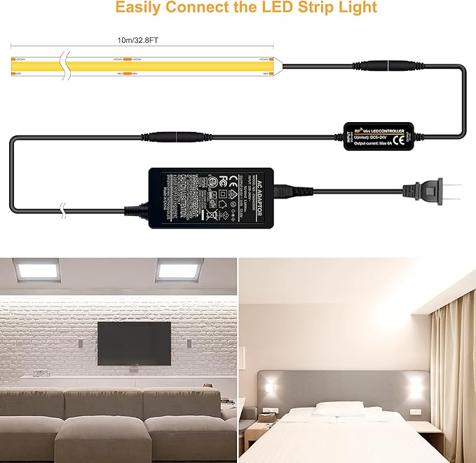 COB LED Strip 32.8ft,Dimmable Strip Lights, 6000K Daylight Super Bright LED Strip Lights, DC24V CRI90+,LED Tape Light with UL-Listed Power Supply, Indoor for Closet,Bedroom,Kitchen