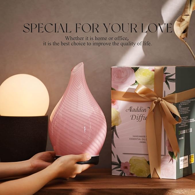 Porseme 280ml Essential Oil Diffuser Glass Color Changing Aroma Air Diffusers Aromatherapy Ultrasonic Cool Mist Humidifier 7 Running Hours Waterless Auto-Off for Sleeping, Yoga, Spa (Pure Pink)