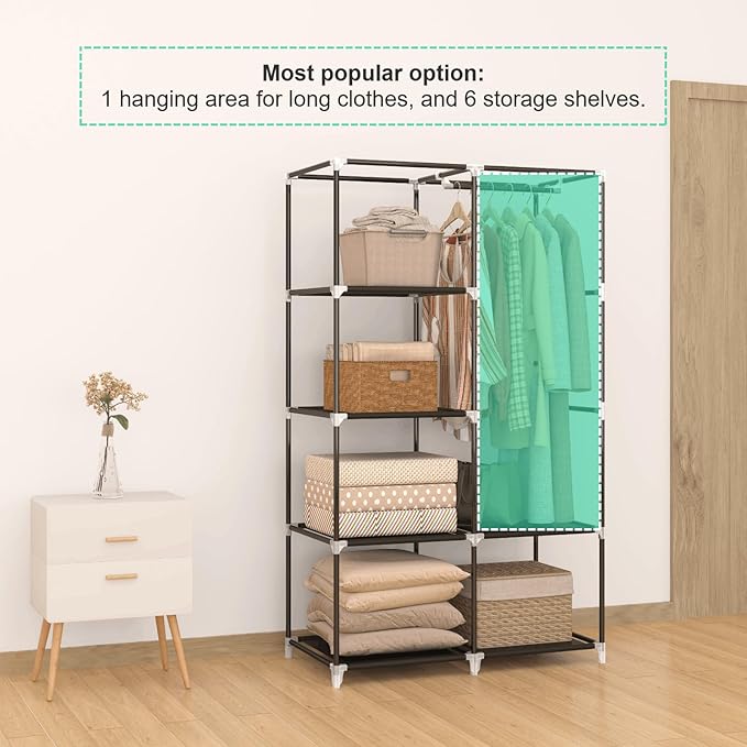 35 Inch Portable Closet for Small Room, Clothing Organizer Storage Rack with Non-Woven Fabric Cover, 1 Clothes Hanging Rod, 6 Storage Shelves, Black