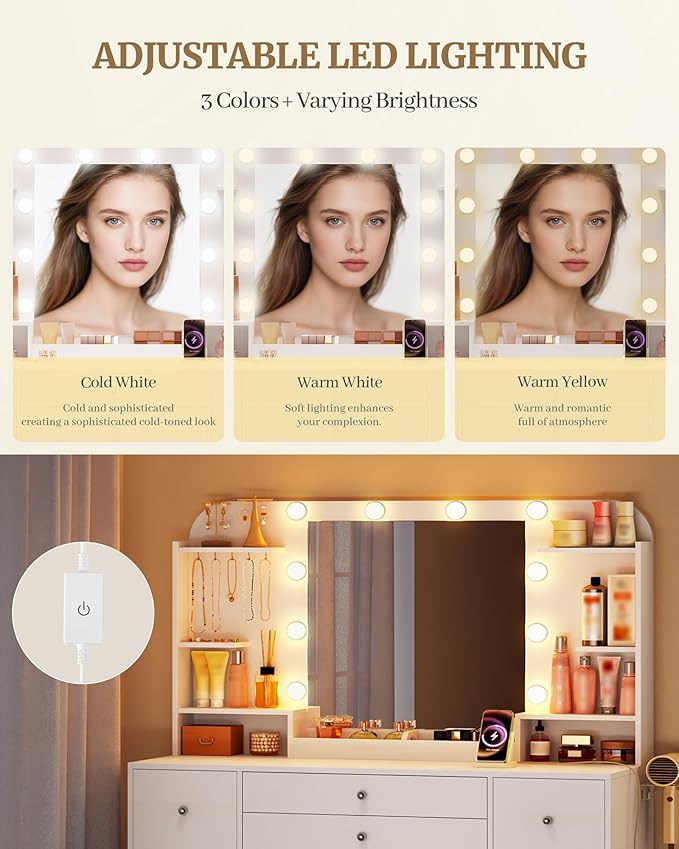 Vanity Desk with Mirror, Makeup Vanity with Led Lights,Dressing Table with Power Strip, 4 Drawers, 42.5'' Large Tabletop, 2 Open Storage Cabinets, with Jewelry Storage, White