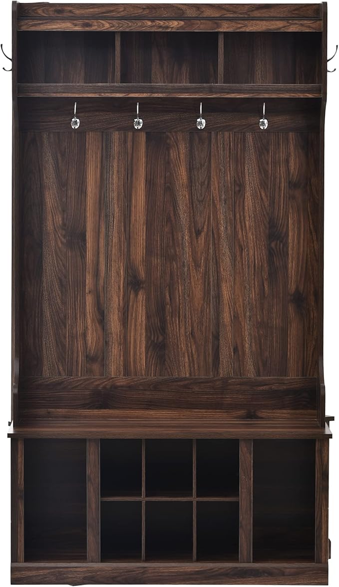 Retro 3-in-1 39.4INCH Hall Tree with 6 Hooks and Coat Hanger,Storage Bench and Open Shelves,for Livingroom Hallway Entryway Mudroom Use (Tiger@Hooks/)