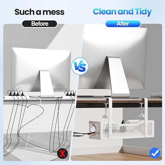 Cable Management Under Desk Tray, No Drill Cable Management Box with Clamp for Wire Organization, Cord Organizer for Office, Home - No Damage to Desk (White)