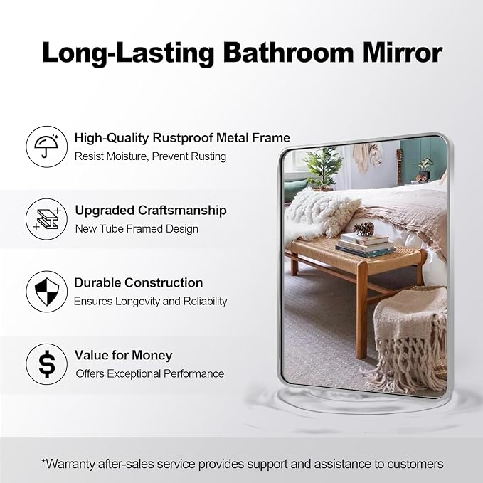ANDY STAR 40”X30” Chrome Bathroom Mirror, Polished Chrome Bathroom Vanity Mirror, Rounded Rectangle Mirrors for Wall, SUS304 Anti-Rust Tube Metal Frame, Wall Mounted Horizontal/Vertical 1’’ Deep