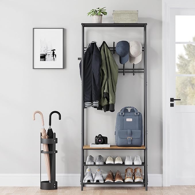 Jojoka 25" Coat Rack, Hall Tree with Shoe Bench and Storage, 4-Tier Shelf with 10 Hooks, Freestanding Metal Entryway Organizer for Hallway, Accent Furniture for Bathroom