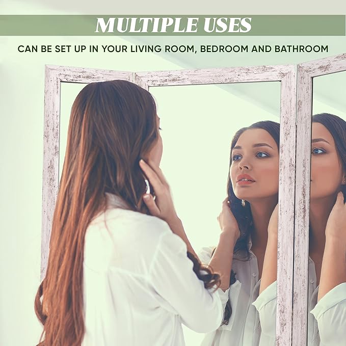Houseables Full Length Mirror, Trifold Body Mirrors, 71x32-65 Inch, White, Extra Large, Oversized, 360, 3-Way, Standing Floor, Wood Framed, Farmhouse, Rustic, 3 Sided for Bedroom, Dressing, Makeup
