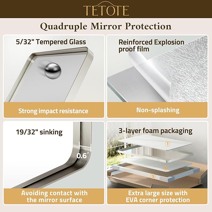 TETOTE Brushed Nickel Bathroom Mirror 30 x 30 Brushed Nickel Metal Framed Bathroom Mirror, Tempered Glass, Modern Farmhouse Wall Mounted Mirror for Decorative(Horizontal/Vertical)