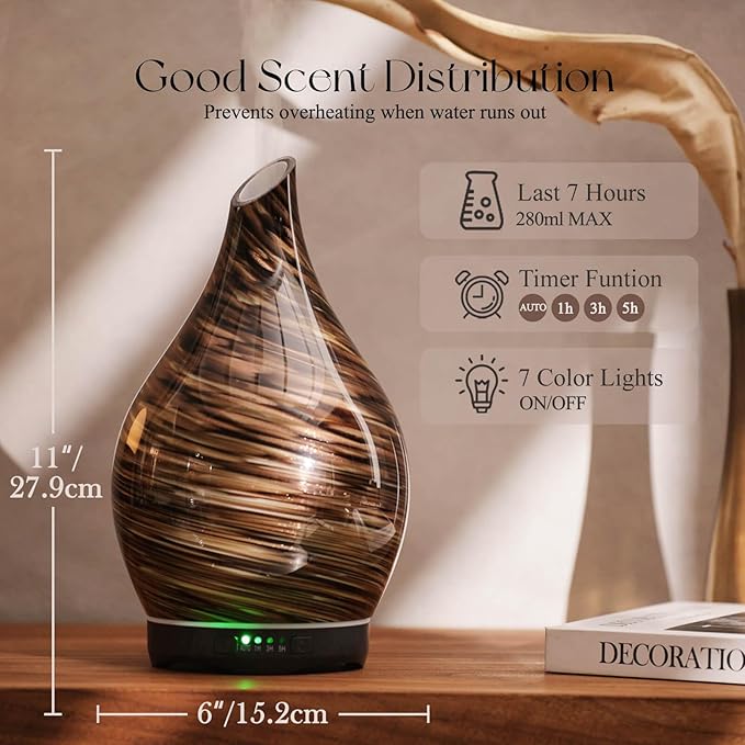 Porseme 280ml Essential Oil Diffuser Glass Color Changing Aroma Air Diffusers Aromatherapy Ultrasonic Cool Mist Humidifier 7 Running Hours Waterless Auto-Off for Sleeping, Yoga, Office (Dark Golden)