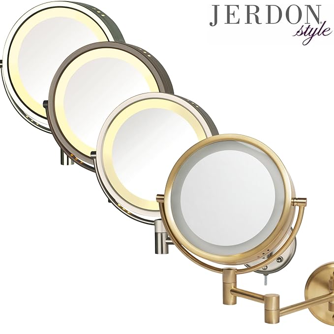 JERDON Wall-Mounted Makeup Mirror with LED Lighting - Direct Wire Lighted Makeup Mirror with 8X Magnification & Nickel Finish Wall Mount - Model HL75ND