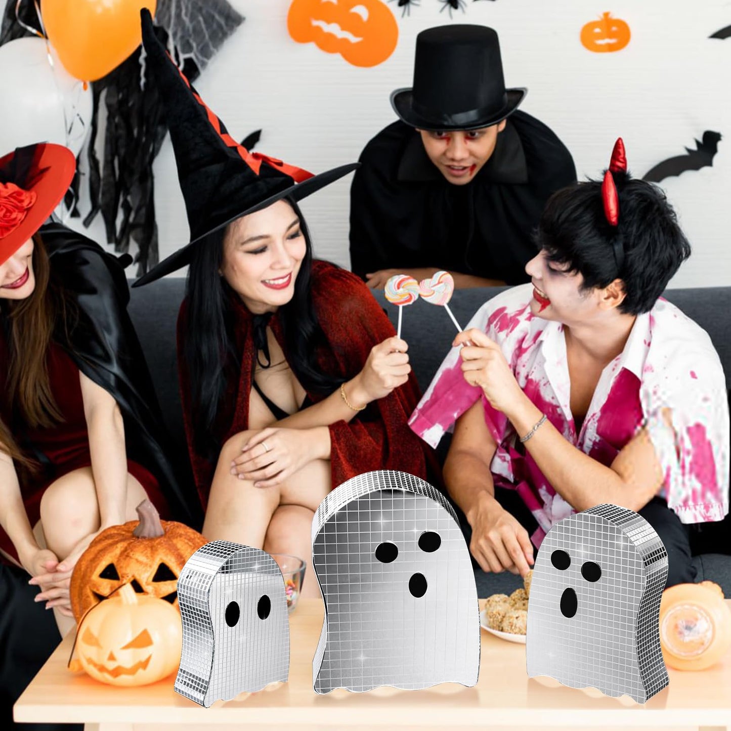 3 Pcs Halloween Disco Ghost Decor,5.9" 7"" 8.2"" Ghost Mirror Disco Ball Indoor Glitter Spooky Ghost Sign Halloween Tiered Tray Decor Mosaic Table Centerpiece for Party Gift (Silver)"