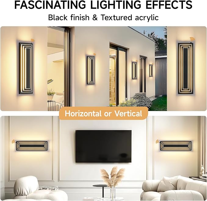 Dusk to Dawn Outdoor Led Wall Lights, 23.6 in Long Exterior Lighting Fixtures,Black Outdoor Sconce Lights,3-Tier Modern Porch Light,36W Warm White Outside Lights for House,Garage, Patio,2 PCS