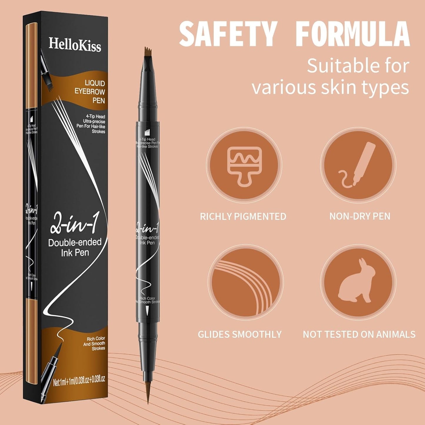Eyebrow Pen, 2-in-1 Dual-Ended Microblading Eyebrow Pencil, Magical Faux Brow Pen with 4-Fork-Tip & Precise Brush-Tip Create Natural Hair-Like Brow, Waterproof, Stay on All Day, Dark Brown,1Pcs