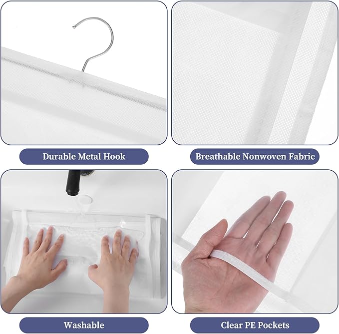 3Pack Hanging Handbag Organizer for Closet – 8 Clear PE Pockets, Space-Saving Purse Storage Holder (White, 41” x 13.5”)