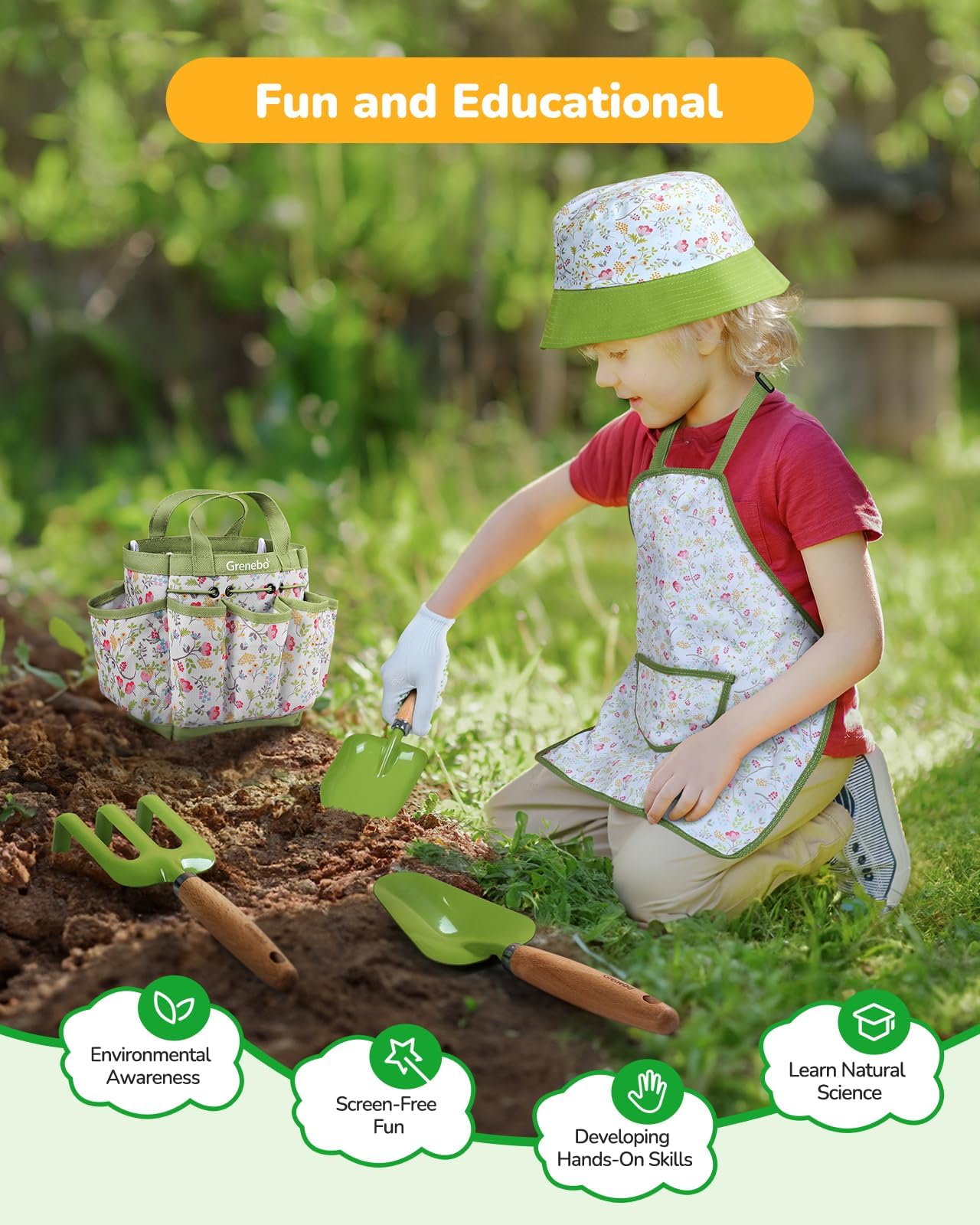 Kids Gardening Set Toys, Quality Garden Tool Kit for Kids and Toddlers, Includes Two Shovels, Garden hat,Rake, Apron,Gloves, Watering Can, and Tool Bag (Green)