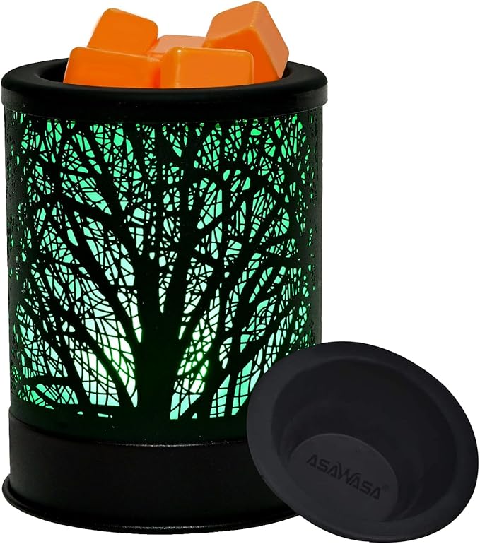 ASAWASA Metal Candle Wax Warmer,Wax Melt Warmer Candle Burner and Wax Melter with 7 Colorful Changing Lights & 1 Silicone Dishes for Office Home Decor(Colorful Tree)