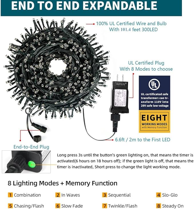 Christmas String Lights End-to-End Plug 8 Modes 108FT 300 LED IP55 Outdoor Waterproof UL Certificated Indoor Fairy Lights Garden Wedding Christma Trees Parties Decoration White Light
