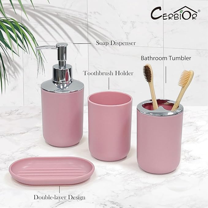 CERBIOR Bathroom Accessories Set 6 Piece Bath Ensemble Includes Soap Dispenser, Toothbrush Holder, Toothbrush Cup, Soap Dish for Decorative Countertop and Housewarming Gift (Blush pink-6pcs)