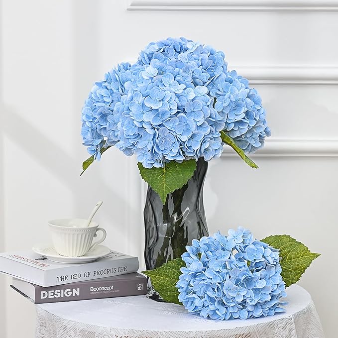MARTINE MALL 4Pcs 21in Hydrangea Artificial Flowers, Latex Real Touch Hydrangeas Lifelike Large Hydrangea Flowers for Home Decor Party Arrangements Wedding Bouquets Centerpieces (Blue)