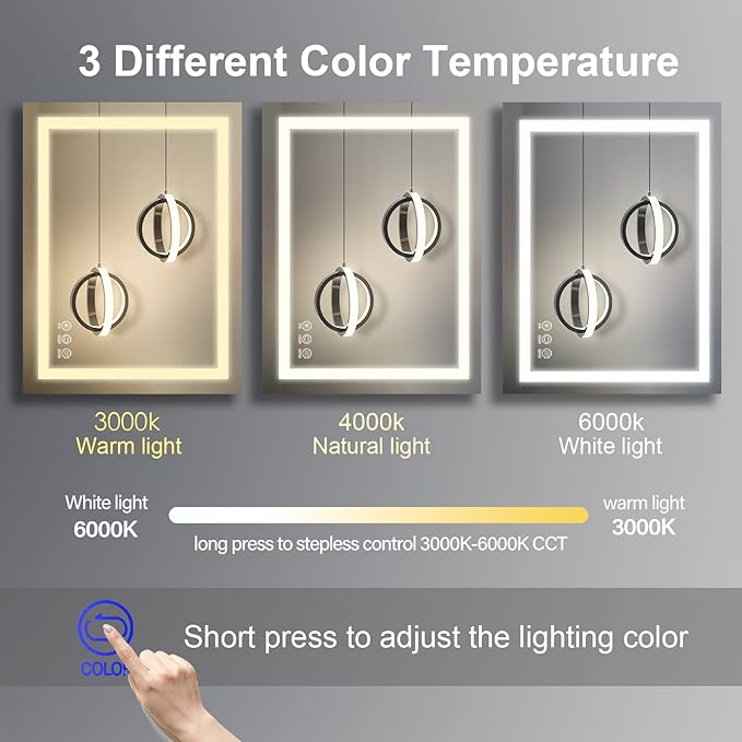 LED Bathroom Mirror,36x28 Inch Bathroom Vanity Mirror Wall Mounted with 3000K-6000K Adjustable, Anti-Fog, Smart Touch Button, Stepless Dimmable Lighted Makeup Mirror, Horizontal/Vertical