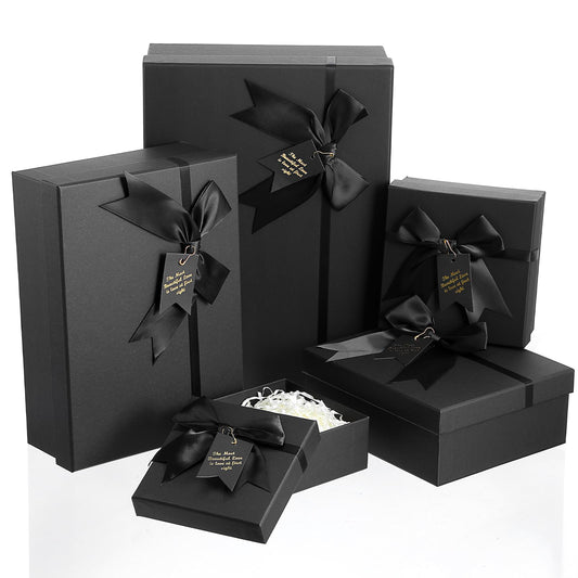 5 Pack Black Nested Gift Boxes with Lid for Valentine's Presents, 5 Sizes Luxury Packaging Box with Ribbon Bows and Label Gift Wrap for Thanksgiving Birthday, Weddings, Mother's Day 13.7'' to 5.1''