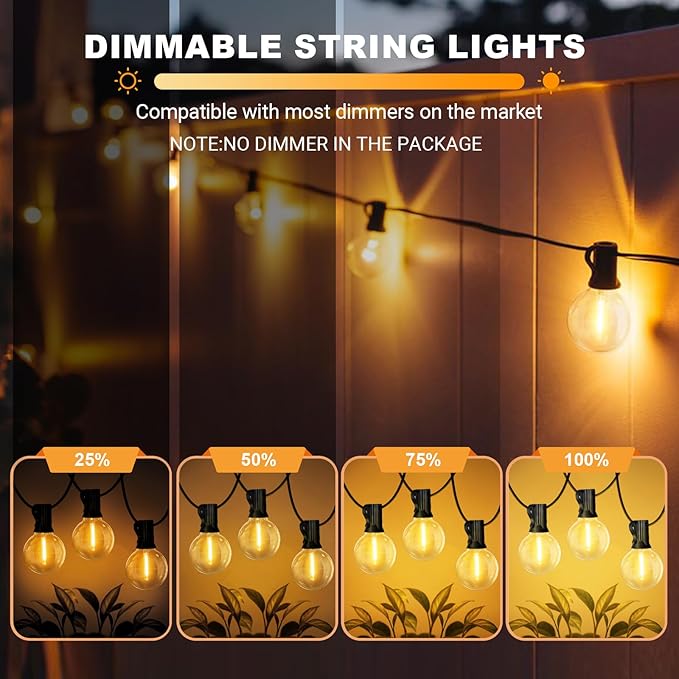 LAMPHOME LED Outdoor String Light, 51 Feet Patio Lights with 25+2 Edison Shatterproof Bulbs(2 Spare), UL Waterproof Outside Lights connectable Dimmable for Backyard Porch Decor