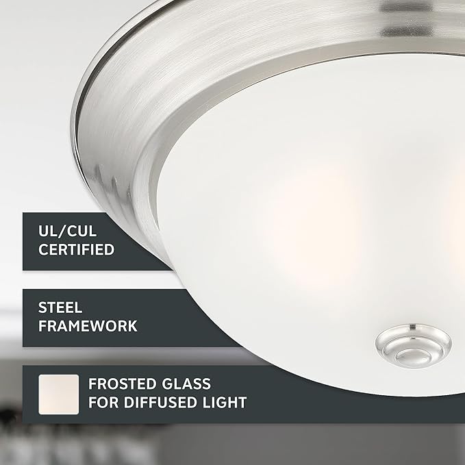 DESIGNERS FOUNTAIN Reedley 2-Lights Flush Mount Ceiling Light, 13 Inch Lighting Fixture for Kitchen, Bedroom, Bathroom, and Hallway, Satin Platinum with Etched Glass, 1257M-SP-W