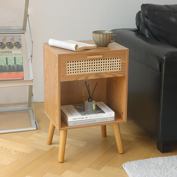 Mid Century Modern Nightstand, Rattan Bedside Table with Drawer and Open Shelf, Wood Nightstand Modern Side Table for Living Room, Bedroom and Small Space, Brown