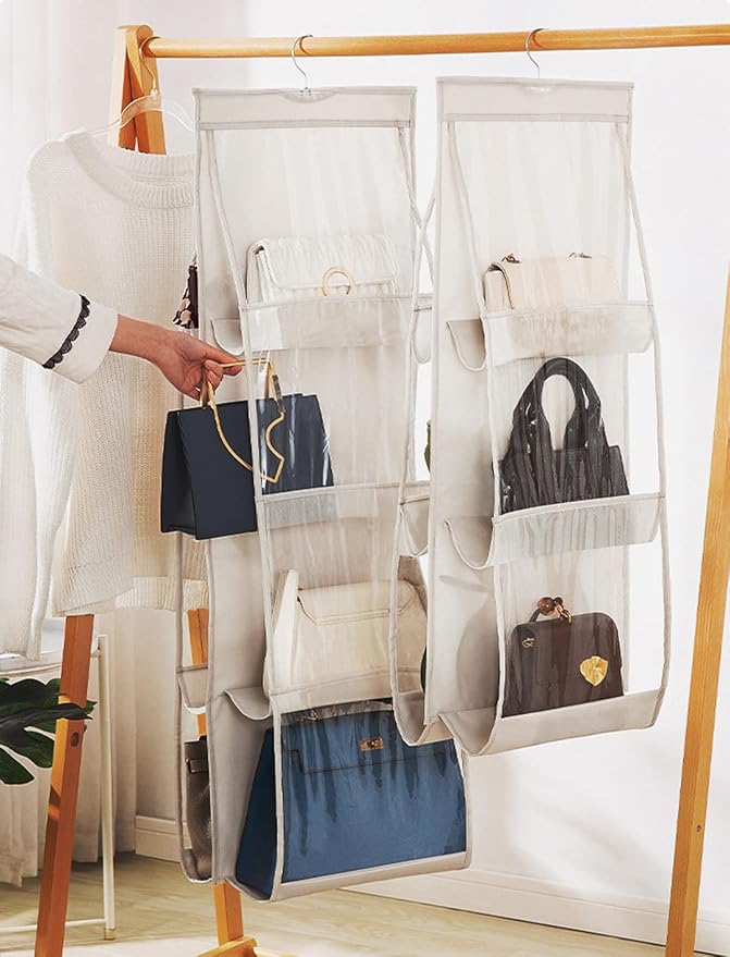 AARAINBOW 2 Pack Hanging Handbag Purse Organizer, 8 Pockets, Wardrobe Closet Space Saving Transparent Hand Bags Holder, 43.3L x 14.1W (Gray+Beige)