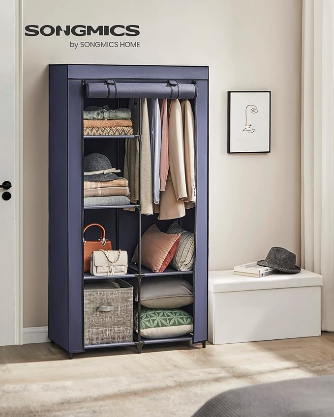 SONGMICS Portable Closet, 34.6 Inch Large Capacity Wardrobe Closet Organizer with Fabric Cover, Hanging Rods and Shelves, 34.6 x 17.7 x 66.1 Inches, for Bedroom, Living Room, Dark Blue URYG084I02