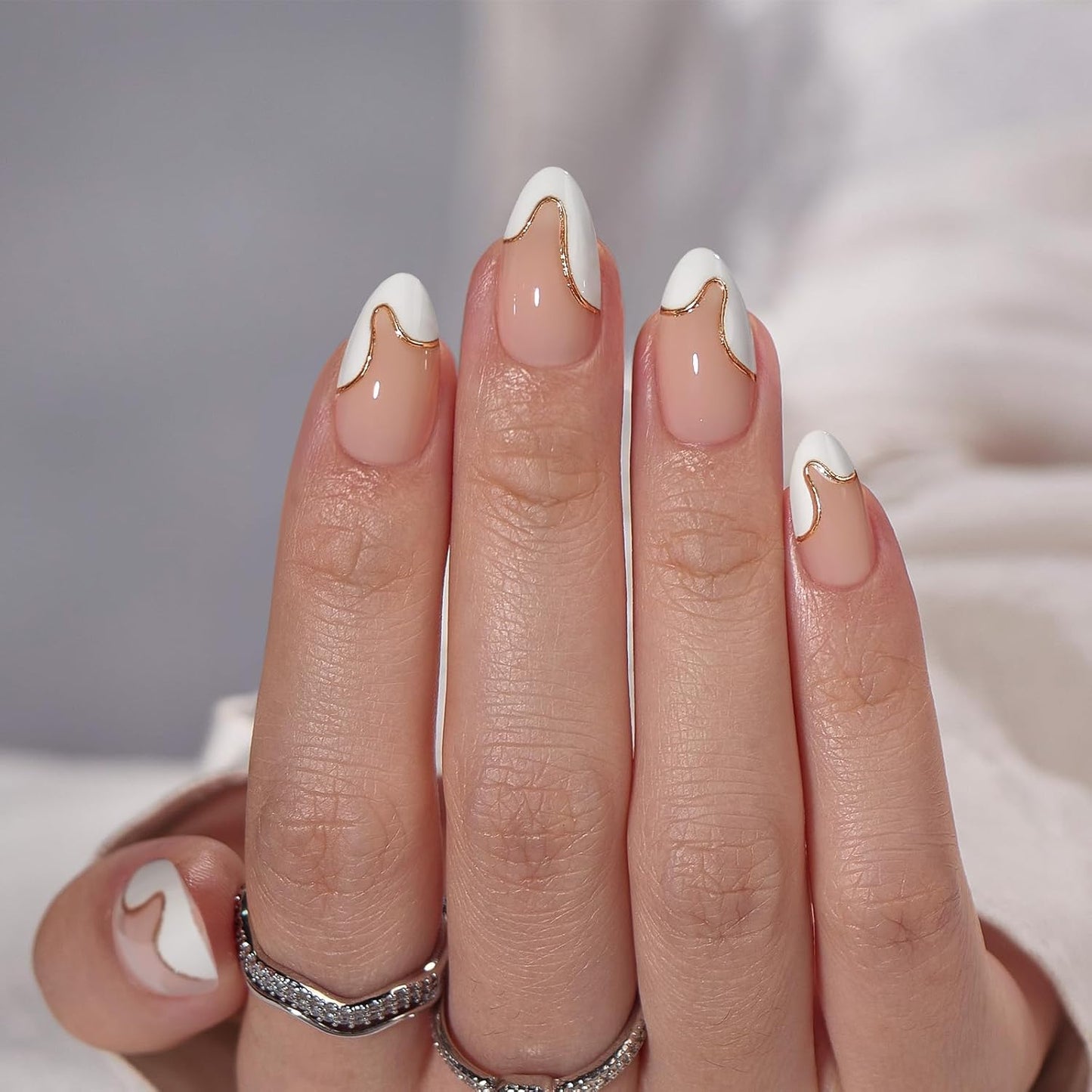 BTArtbox Press On Nails Almond - Designed White French Tip Press On Nails Short with Gold Foil, Glue On Nails for Winter Day Gifts, Stick On Nails in 16 Sizes - 30 Nail Kit, Tiny Gloden