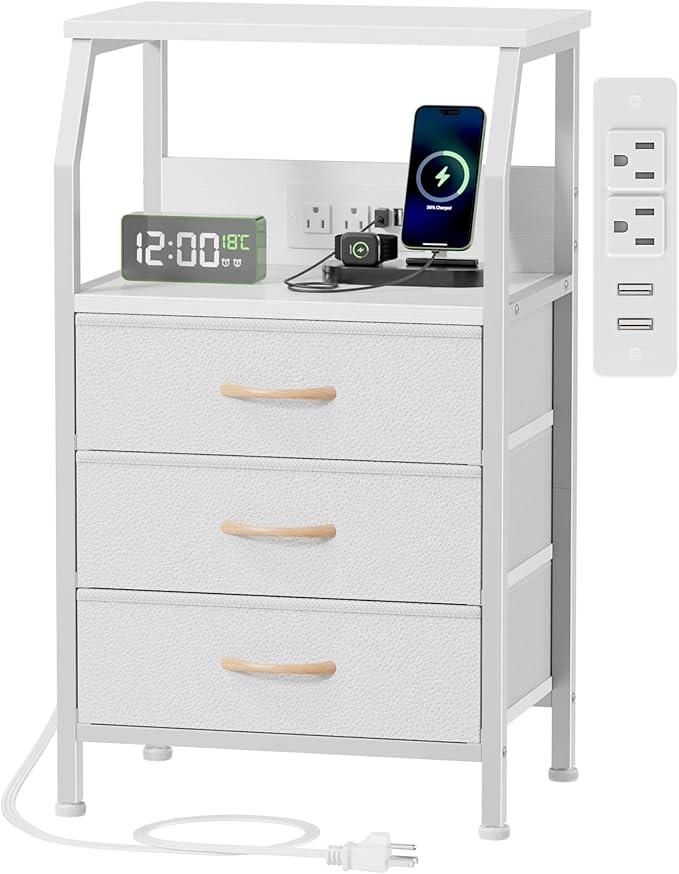 Furnulem Night Stand with Charging Station, 28.3 Inch Tall Bedside Table with PVC Drawers, End Table with USB Ports and Outlets, 3 Fabric Drawer Storage Nightstand for Bedroom, 3 Ways to Use, White
