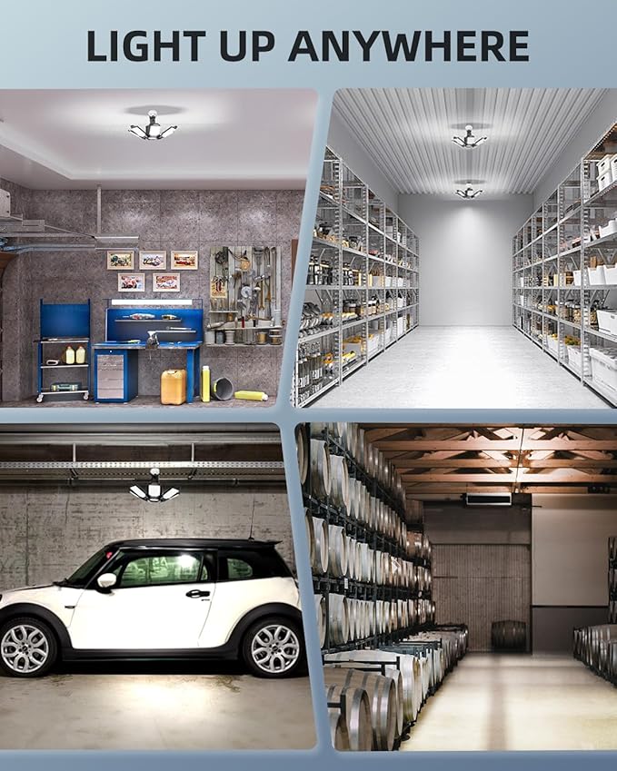 Adiding LED Garage Light Rotatable 2 Pack, Bright Basement Shop Ceiling Bay Lighting Fixture w/ 6 Adjustable Panels Screw in E26 E27 Bulb Base for Attic, Shed, Warehouse, Home Gym, Utility, Workshop