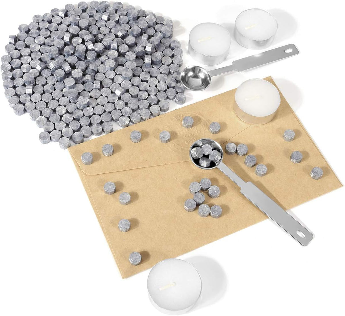 Silver Sealing Wax Beads, Yoption 300 Pieces Octagon Wax Seal Beads Kit with 2 Melting Spoon and 4 Candles for Seal Stamp (Silver)