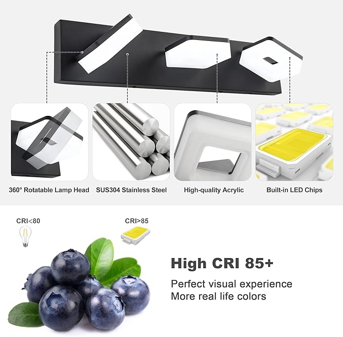 3 Colors Dimmable Black Bathroom Light Fixtures Over Mirror, LED Vanity Lights, Acrylic Stainless Steel 3 Light Bathroom Vanity Light Fixtures, Adjustable 3000K/4000K/6000K, 360° Rotate