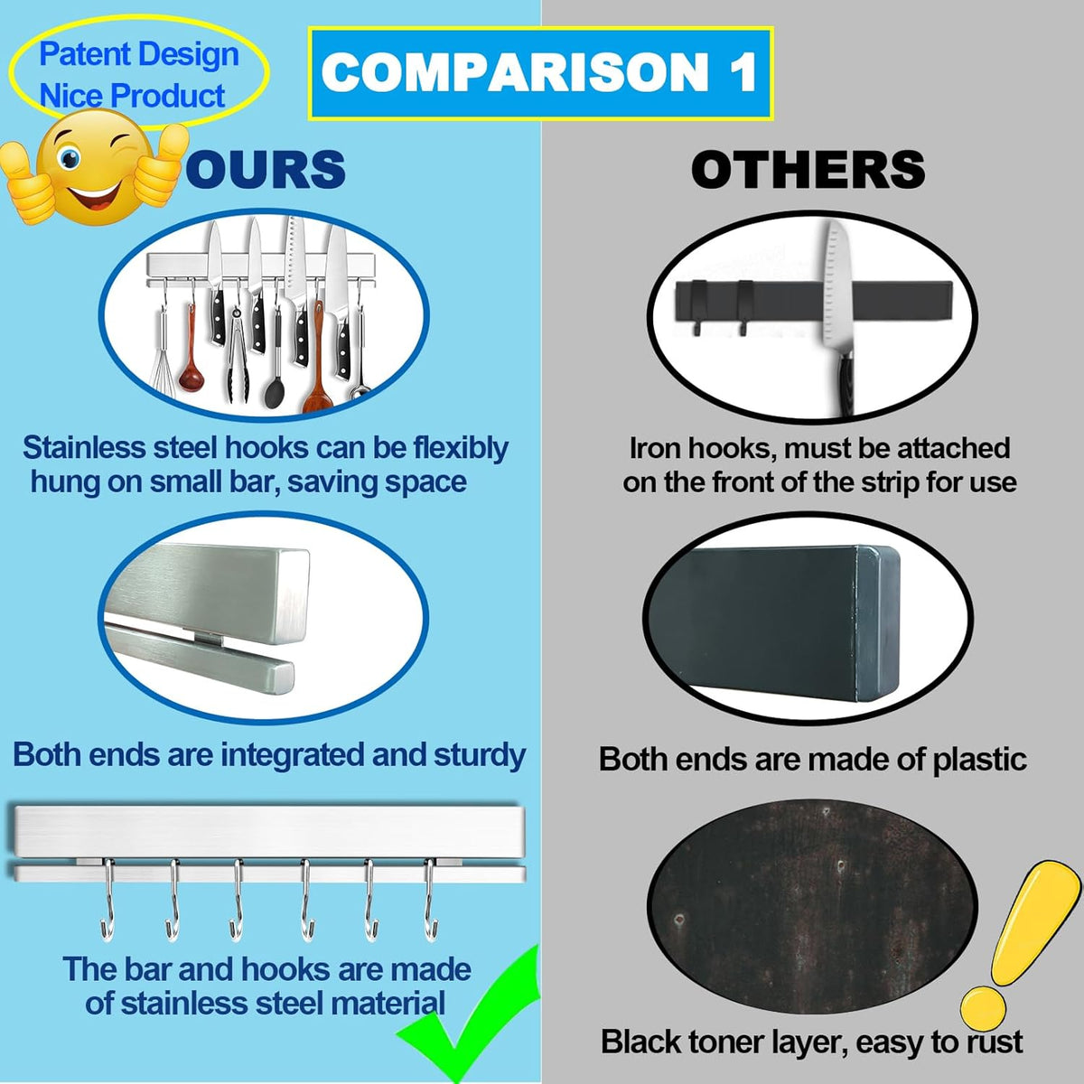 YIIYIIN 12" Premium 304 Stainless Steel Double-Sided Magnetic Knife Holder for Wall or Fridge -with Adhesive Strip, No Drill -6 Hooks Included for Kitchen Utensils