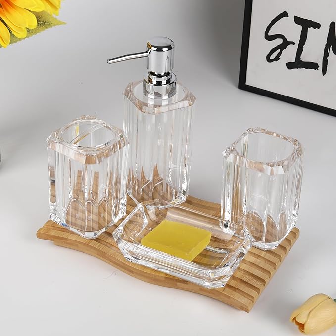 4-Piece Crystal Clear Bathroom Accessories Set — Soap Dispenser, Soap Dish, Mouthwash Cup & Toothbrush Holder, Transparent Acrylic Vanity Organizer, Fits Any Fixture Color or Style