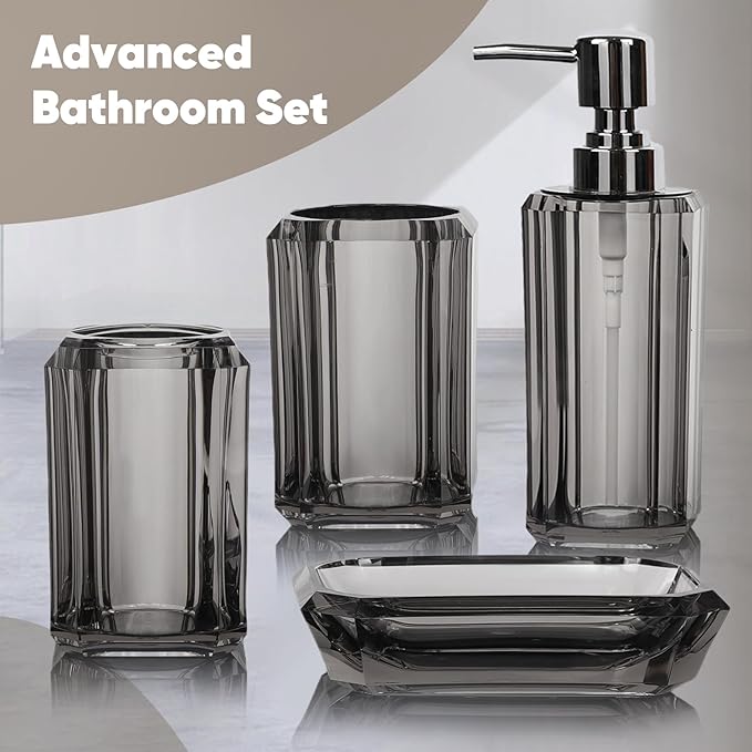 4-Piece Modern Gray Bathroom Accessories Set — Soap Dispenser, Soap Dish, Mouthwash Cup & Toothbrush Holder, Glossy Acrylic with Gray Finish, Vanity Countertop Organizer